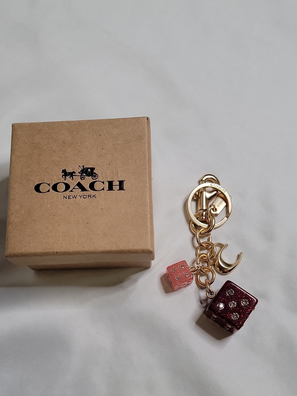 Coach Gold-Tone Dice Charm Keyring Pink & Red Glitter